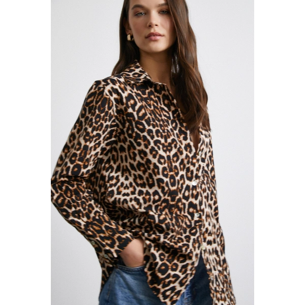 Leopar Desenli Poplin Gömlek Bej