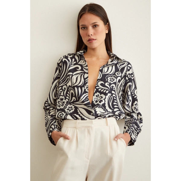 Renkli Baskılı Poplin Gömlek Mavi