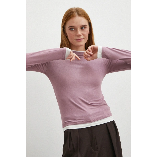 Garnili Bisiklet Yaka Bluz Lila