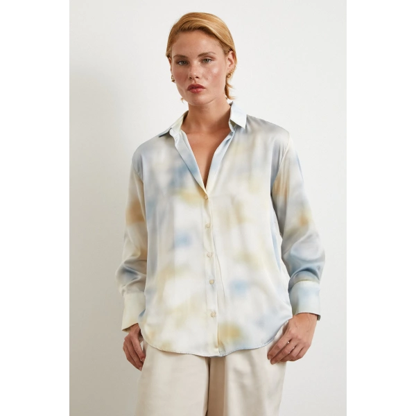 Ebruli Desen Saten GömleK Buz Mavisi