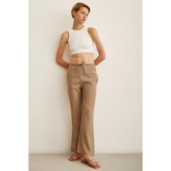 Beli Lastikli Biyeli Yüksek Bel Pantolon Haki