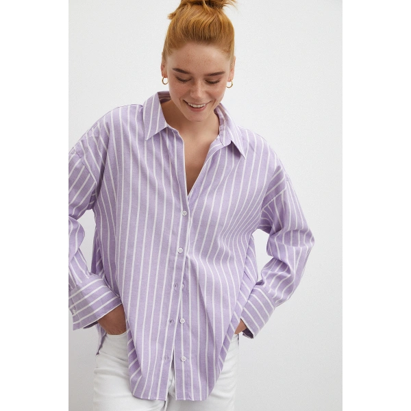 Uzun Kollu Çizgili Gömlek Lila