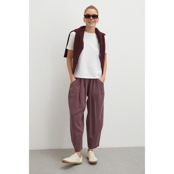 Bağcıklı Beli Lastikli Pileli Pantolon Mürdüm