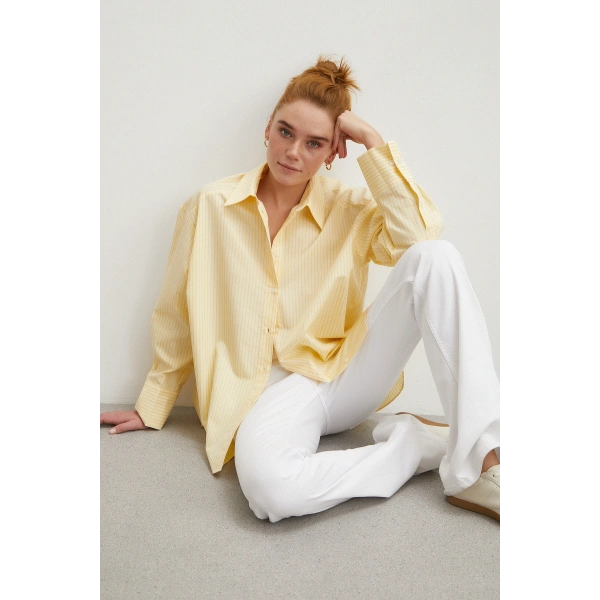 Cepli Çizgili Poplin Gömlek Sarı