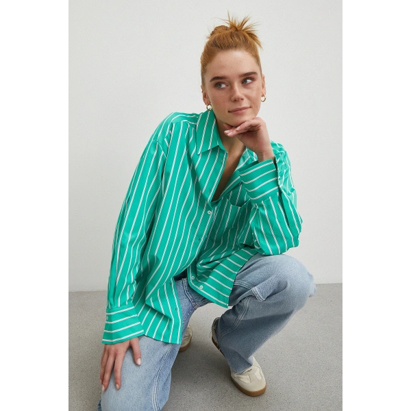 Çizgili Poplin Gömlek Yeşil