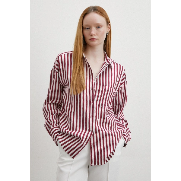 Multi Çizgili Cepli Gömlek Bordo