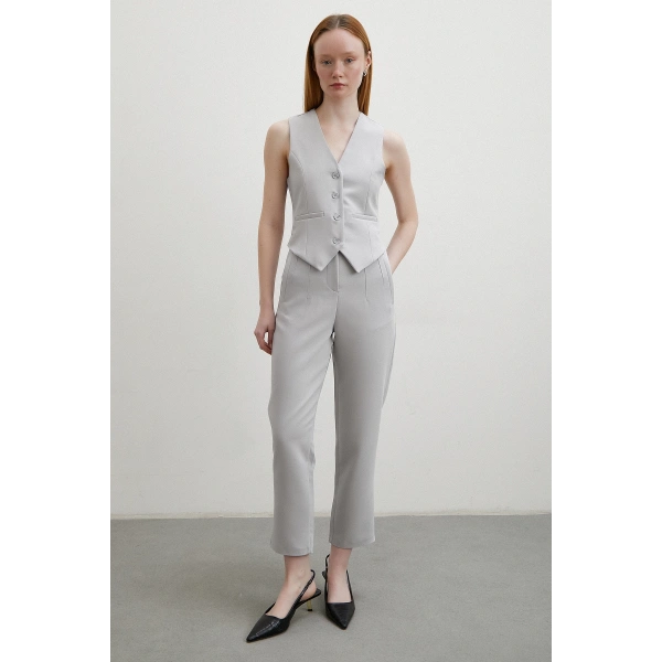 Önü Pensli Skinny Kumaş Pantolon Gri