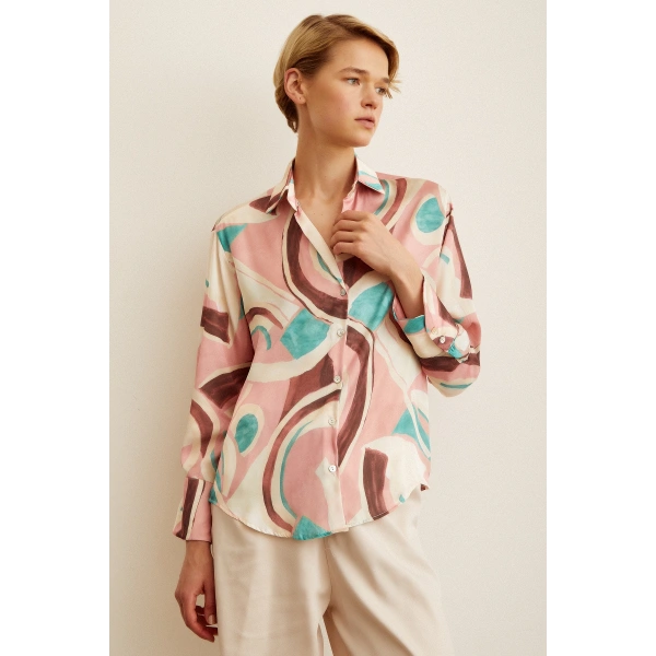 V Yaka Desenli Saten Gömlek Pembe