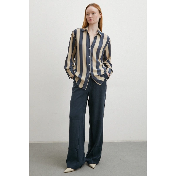 Çizgili Viskon Gömlek Kahve