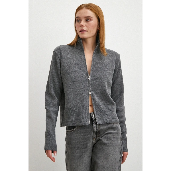 Çift Fermuarlı Triko Hırka Antirasit