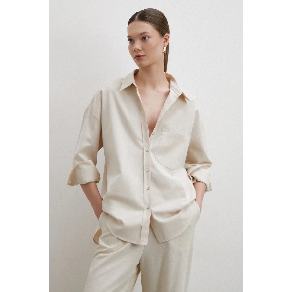Keten Karışımlı Dökümlü Gömlek Bej