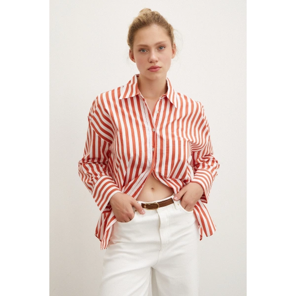 Cepli Çizgili Gömlek Oranj