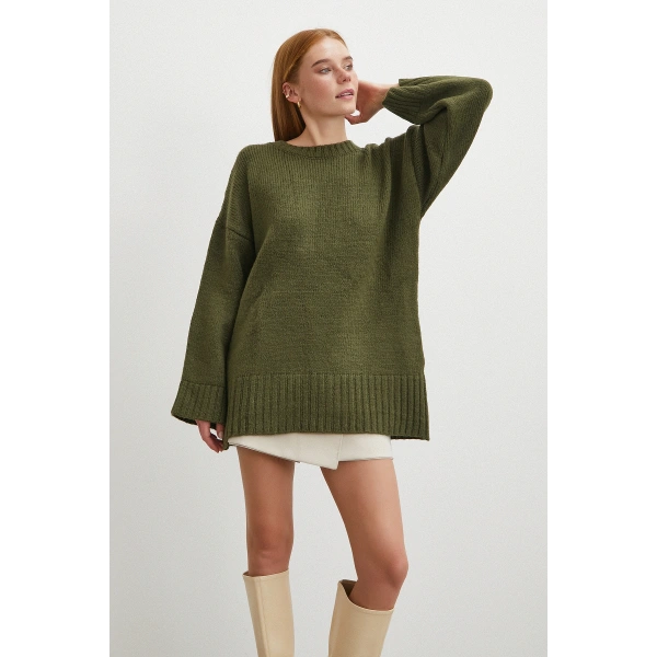 Bisiklet Yaka Fitilli Triko Kazak Haki