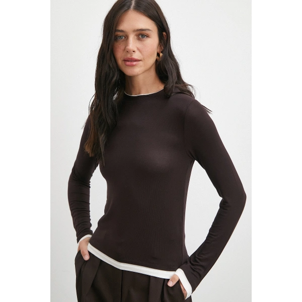 Garnili Bisiklet Yaka Bluz Kahve