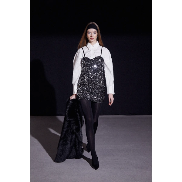 Askılı Pul Elbise Gümüş