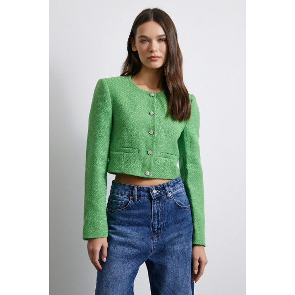 Cep Detaylı Düğmeli Tüvit Ceket Fıstık Yeşili