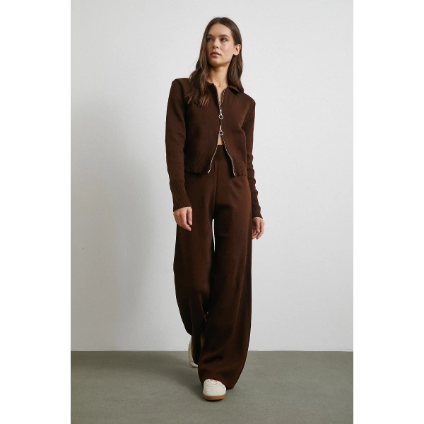 Çift Fermuarlı Hırka Takım Kahve