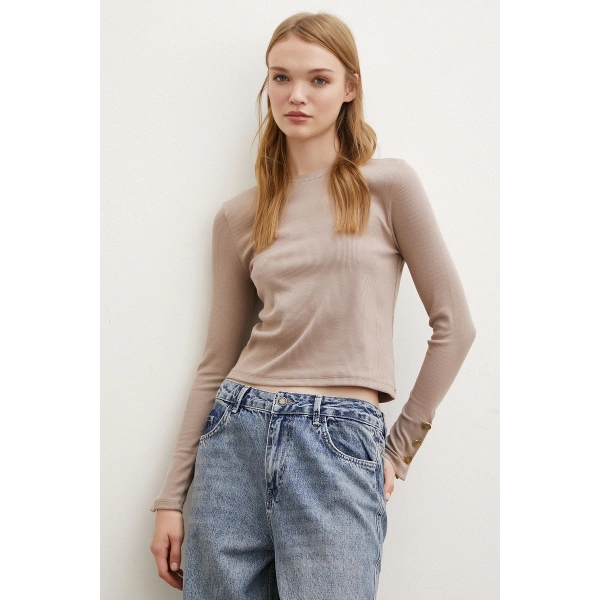 Kollu Düğmeli Bluz Vizon