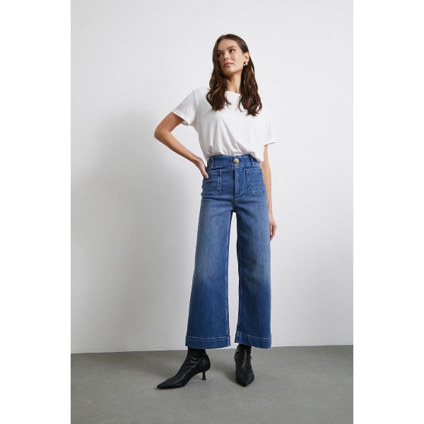 Cep Ve Düğme Detaylı Wide Leg Jean Mavi