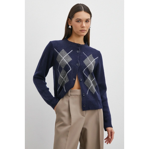 Düğmeli Baklava Desenli Hırka Lacivert