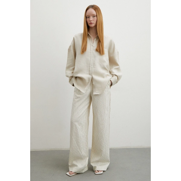 Robalı Cepli Keten Gömlek Taş