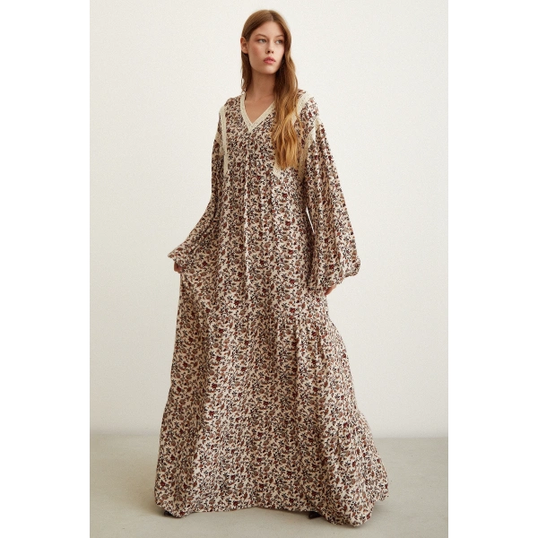 Brode Dantelli Elbise Bej