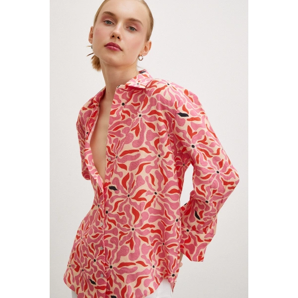 Çiçek Desen V Yaka Modal Gömlek Fuşya