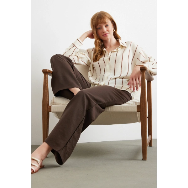 Çizgili Modal Gömlek Kahve