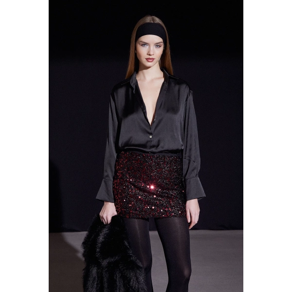 Pul Detaylı Mini Etek Bordo