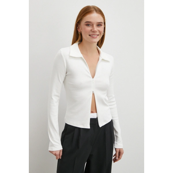 Yakalı Çift Fermuarlı Bluz Beyaz