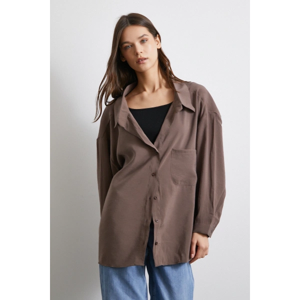 Oversize Cepli Modal Gömlek Kahve