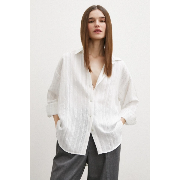 Dokulu Çizgili Gömlek Krem