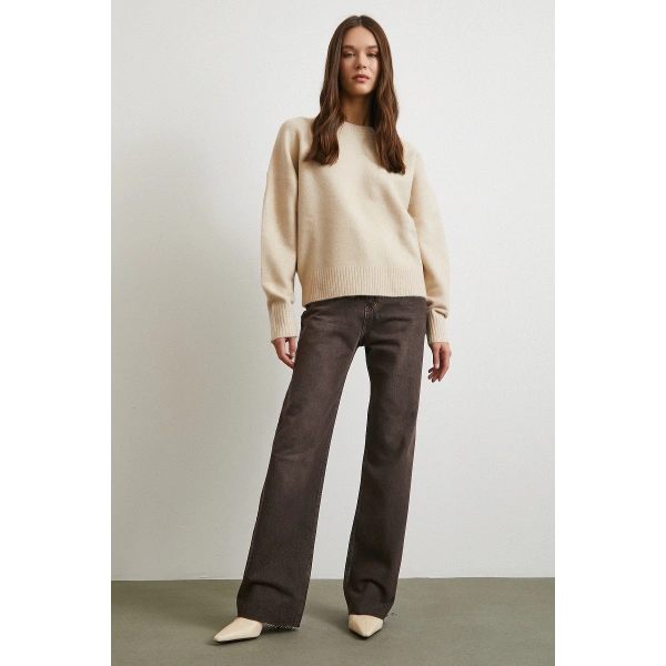 Yüksek Bel Beş Cepli Kesik Paça Jean Kahve