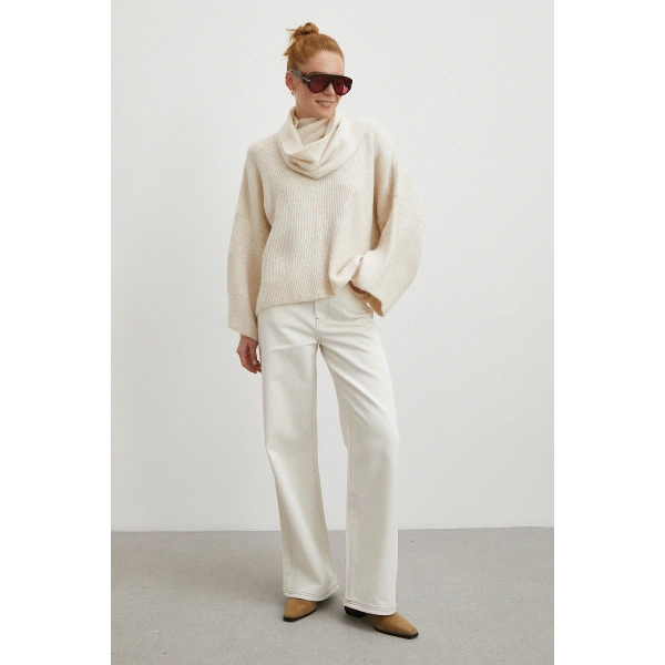 Yüksek Bel Baggy Jean Kırık Beyaz