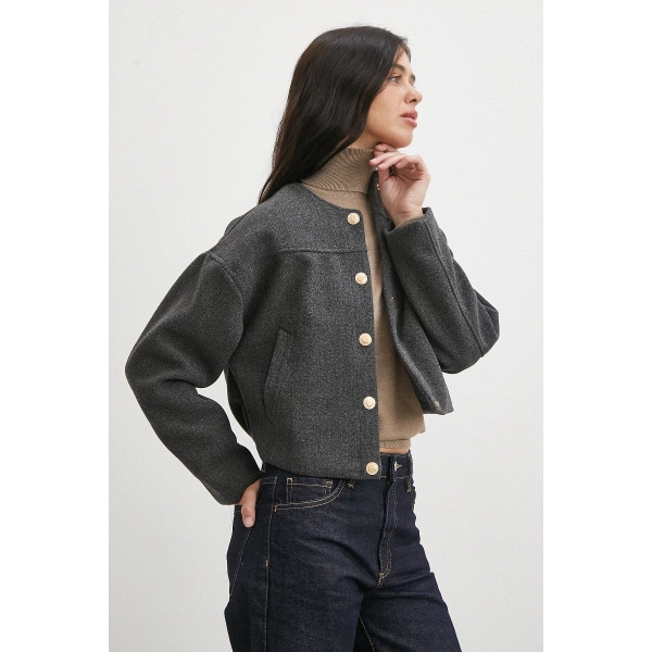 Beli Lastikli Düğmeli Bomber Ceket Antirasit