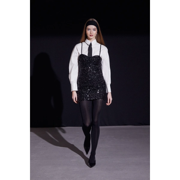 Askılı Pul Elbise Siyah