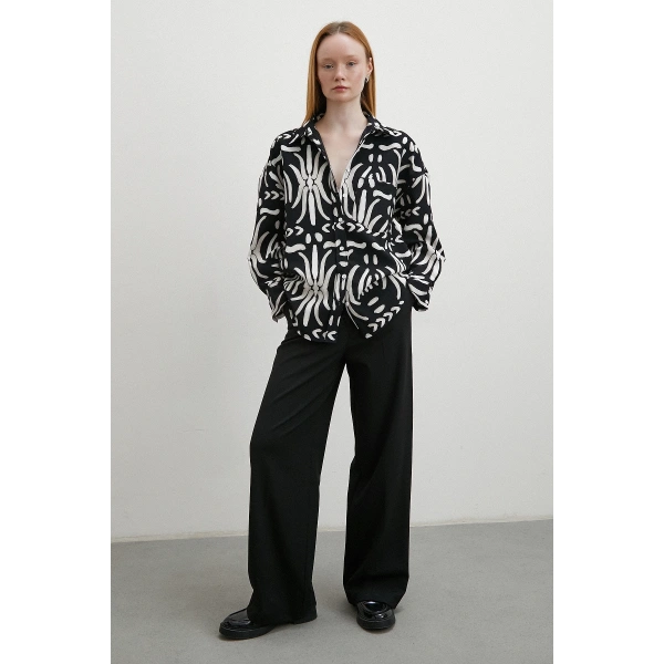 Kontrast Etnik Desen Krep Gömlek Siyah