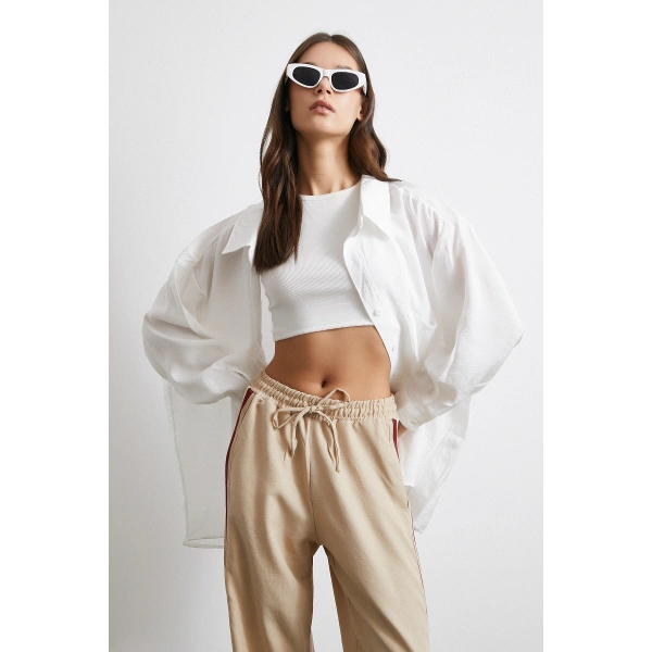 Oversize Cepli Modal Gömlek Beyaz