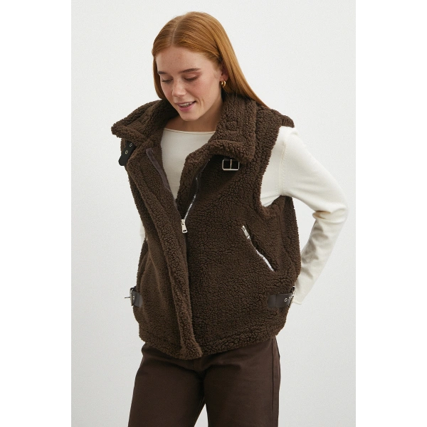 Yaka Detaylı Yumoş Yelek Kahve