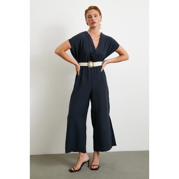 Kemer Detaylı Yarasa Kol Tulum Lacivert