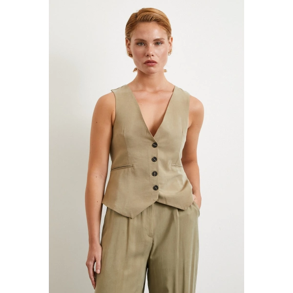 Cep Kapaklı Keten Yelek Haki