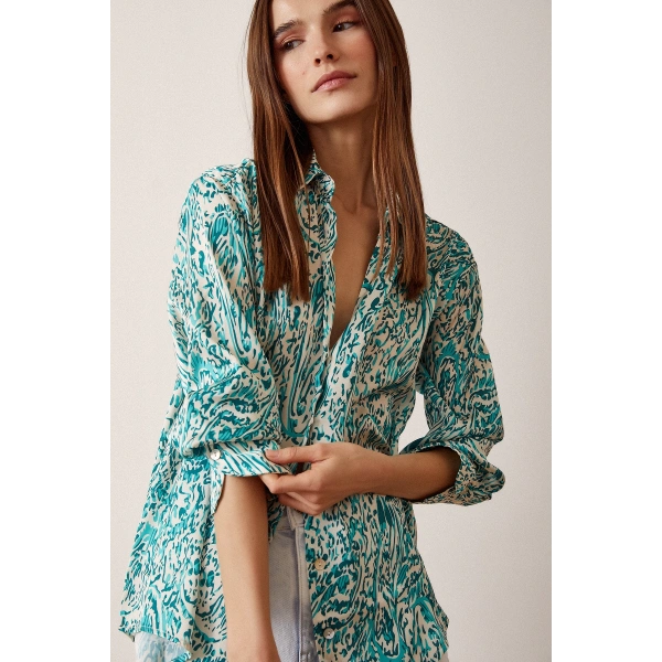 V Yaka Desenli Saten Gömlek Yeşil