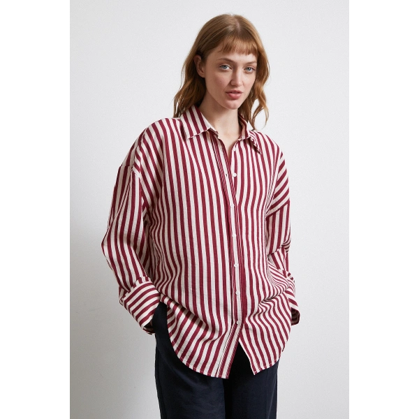 Çizgili T Kol Gömlek Bordo