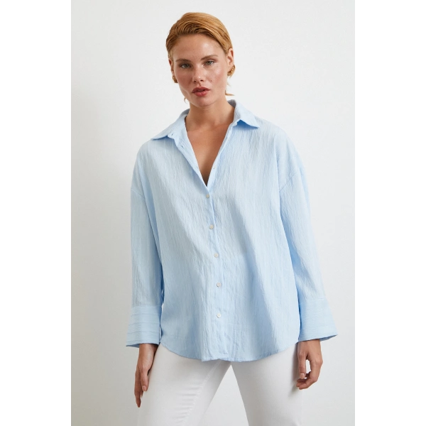 Kabartma Çizgili Oversize Gömlek Mavi