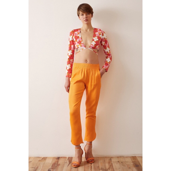 Beli Lastikli Saten Pantolon Turuncu