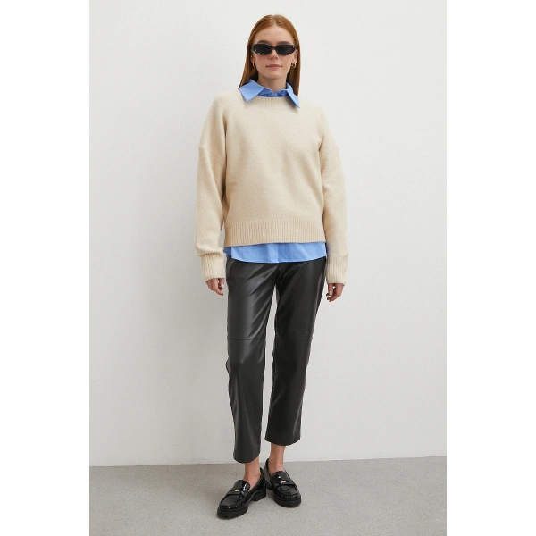 Kemerli Lastikli Deri Pantolon Siyah