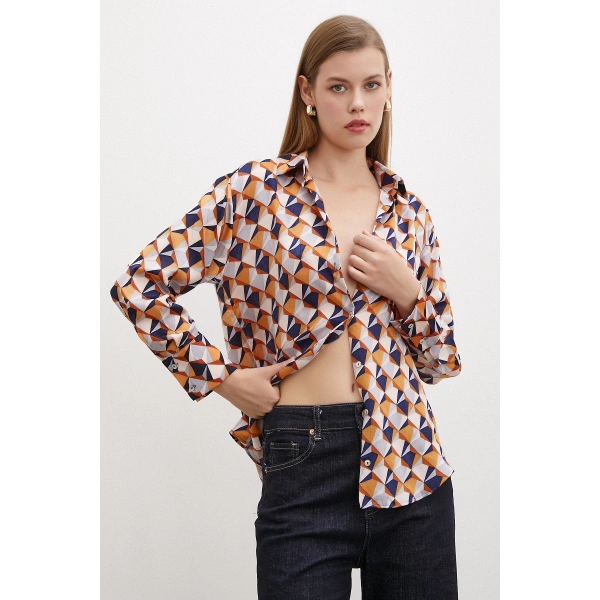 Desenli Saten Gömlek Pudra