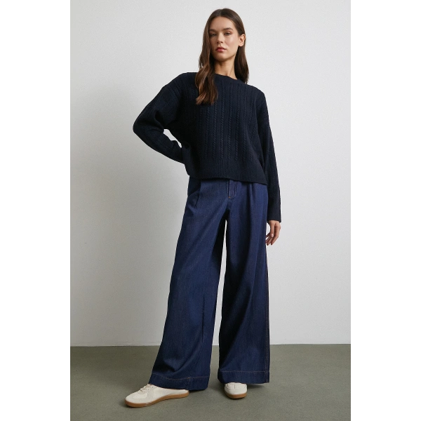 Yüksek Bel Geniş Paça Jean Lacivert