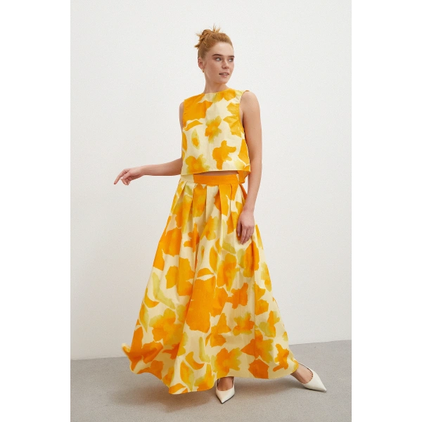 Beli Lastikli Batik Desen Piliseli Etek Sarı