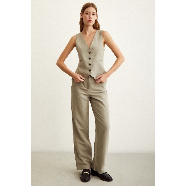 Yüksek Bel Keten Pantolon Gri